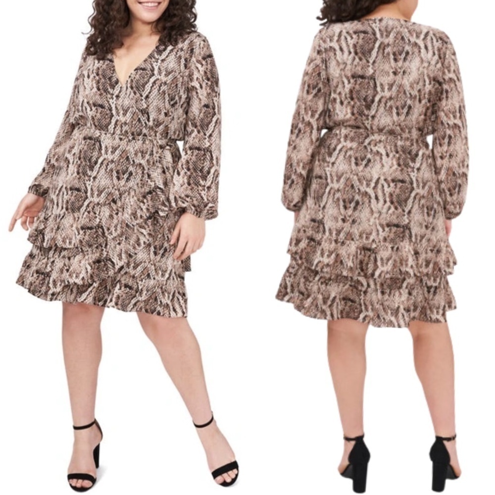 1 .State Snakeskin Print Tiered Chiffon Ruffle Wrap Dress in Birch Multi NWT